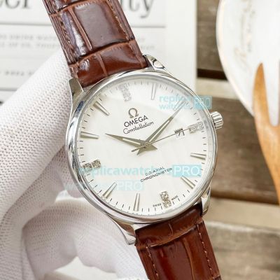 Copy Omega Constellation Men White Face Brown Leather Strap Silver Bezel Watch 41mm